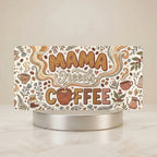 mama needs coffee vanity plate hero shot — hand-drawn coffee cups beans cream brown art