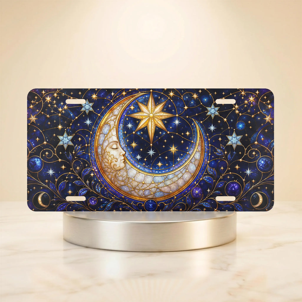 moon and star celestial night sky vanity plate — deep indigo crescent moon gold stars license plate on holder