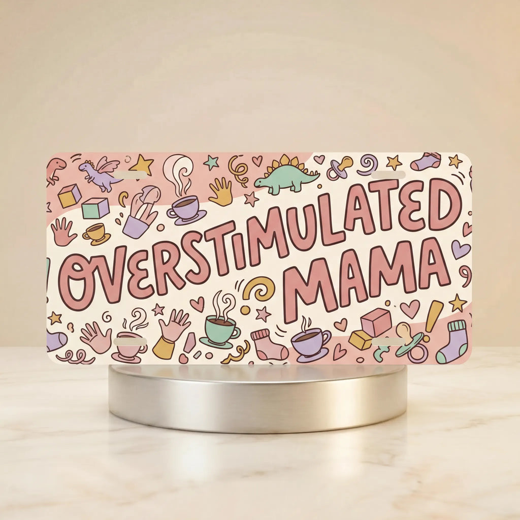 overstimulated mama collage vanity plate hero shot — coffee cups baby socks stars pastel art