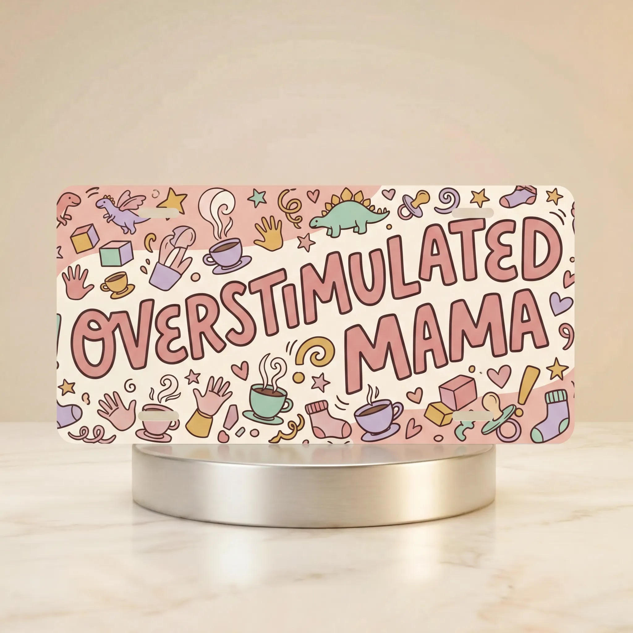 overstimulated mama collage vanity plate hero shot — coffee cups baby socks stars pastel art