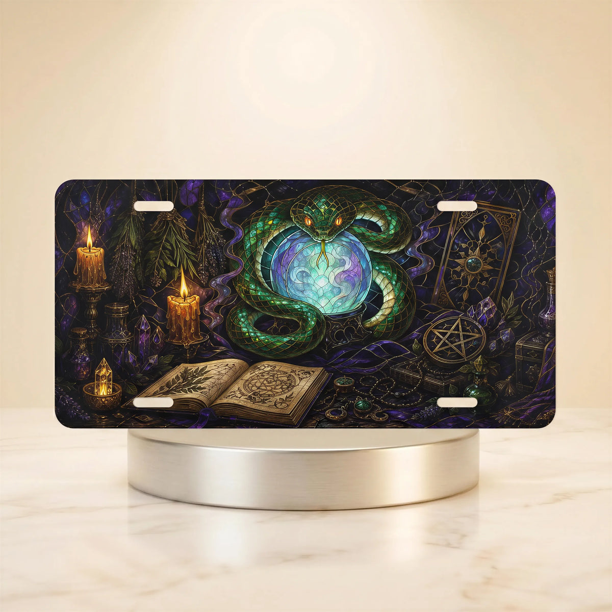 green serpent crystal ball vanity plate — jewel green serpent glowing orb candles license plate on holder