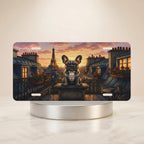 french bulldog paris rooftops vanity plate — sunset Eiffel Tower rooftop bulldog license plate on holder