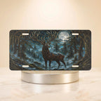 moonlit stag forest night vanity plate — deep teal ink blue stag moonlit pines license plate on holder