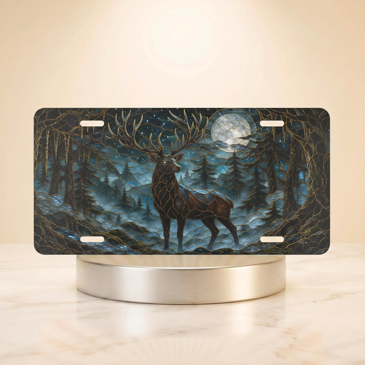 moonlit stag forest night vanity plate — deep teal ink blue stag moonlit pines license plate on holder