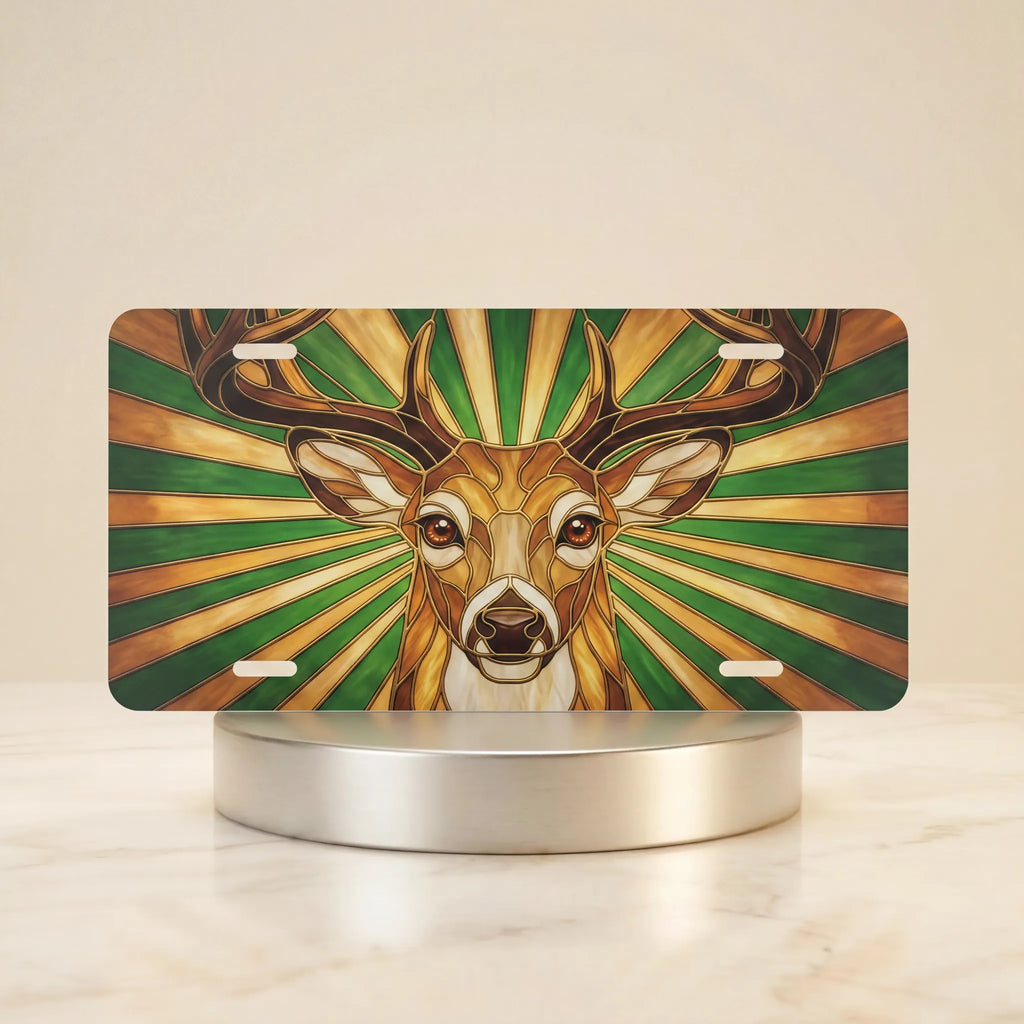 stag portrait vanity plate hero shot — rustic amber ochre forest green deer art