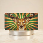 stag portrait vanity plate hero shot — rustic amber ochre forest green deer art