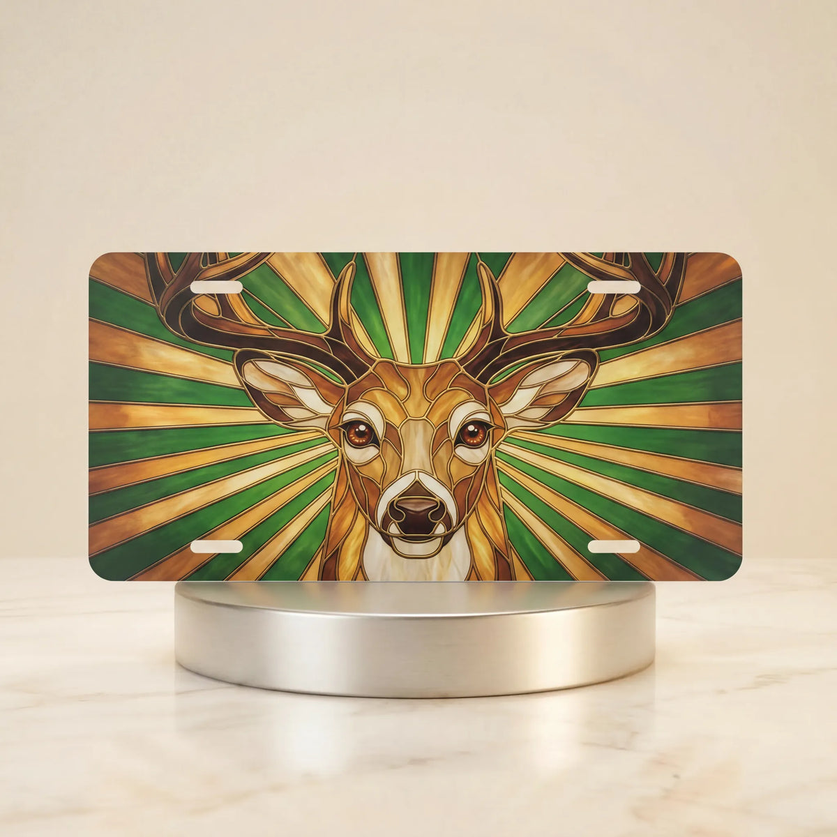 stag portrait vanity plate hero shot — rustic amber ochre forest green deer art