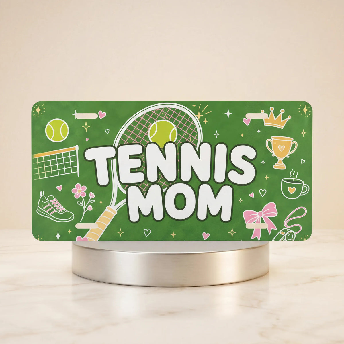 tennis mom vanity plate — fresh green tennis racket ball TENNIS MOM license plate on holder
