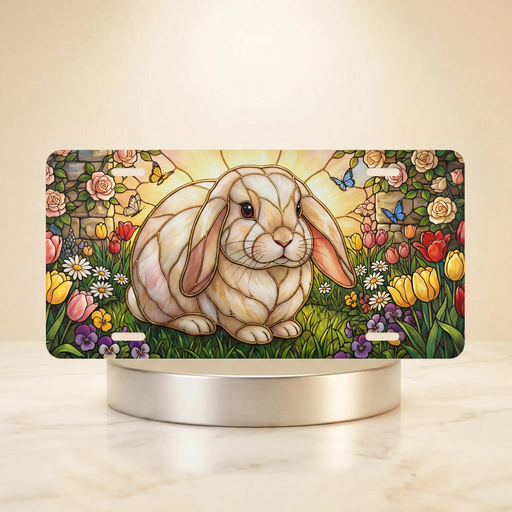 stained glass bunny floral garden vanity plate — soft pastel rabbit tulip rose butterfly license plate on holder