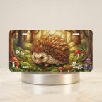 woodland hedgehog mushroom vanity plate — golden green hedgehog moss mushroom license plate on holder