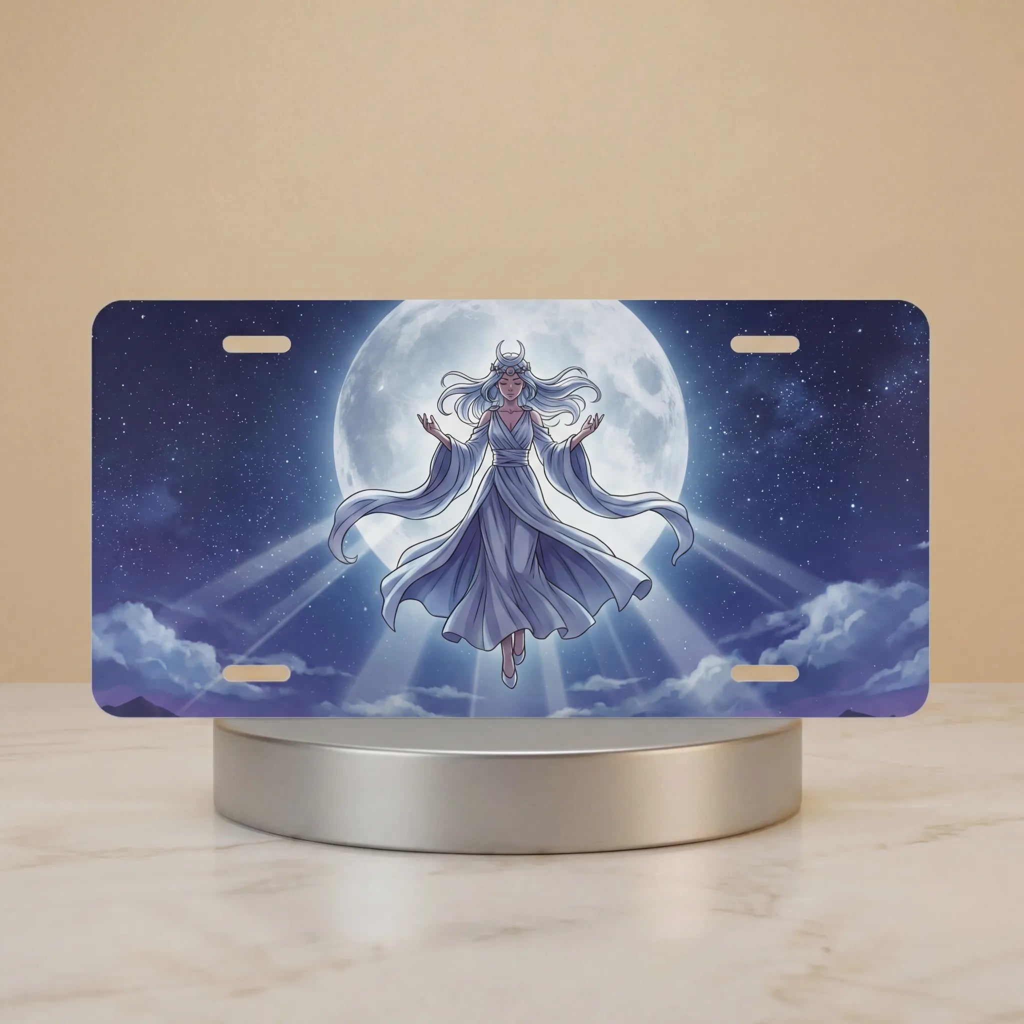 moonlit maiden celestial vanity plate — soft indigo robed figure lunar light clouds stars license plate on holder