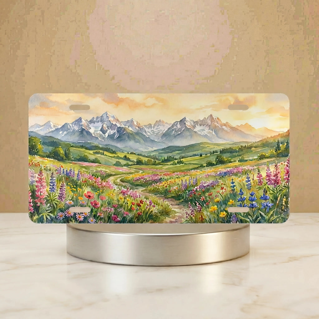 wildflower vanity plate hero shot — dusty lavender poppy red and sage green mountain art
