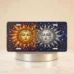 sun and moon celestial vanity plate — golden sun silver moon indigo stars license plate on holder