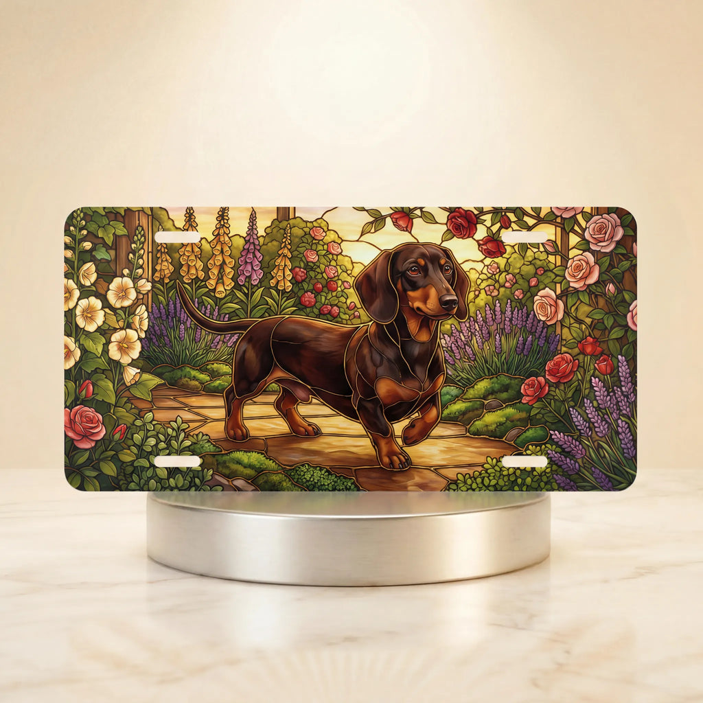 dachshund garden scene vanity plate — jewel tone dachshund rose foxglove garden license plate on holder