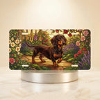 dachshund garden scene vanity plate — jewel tone dachshund rose foxglove garden license plate on holder