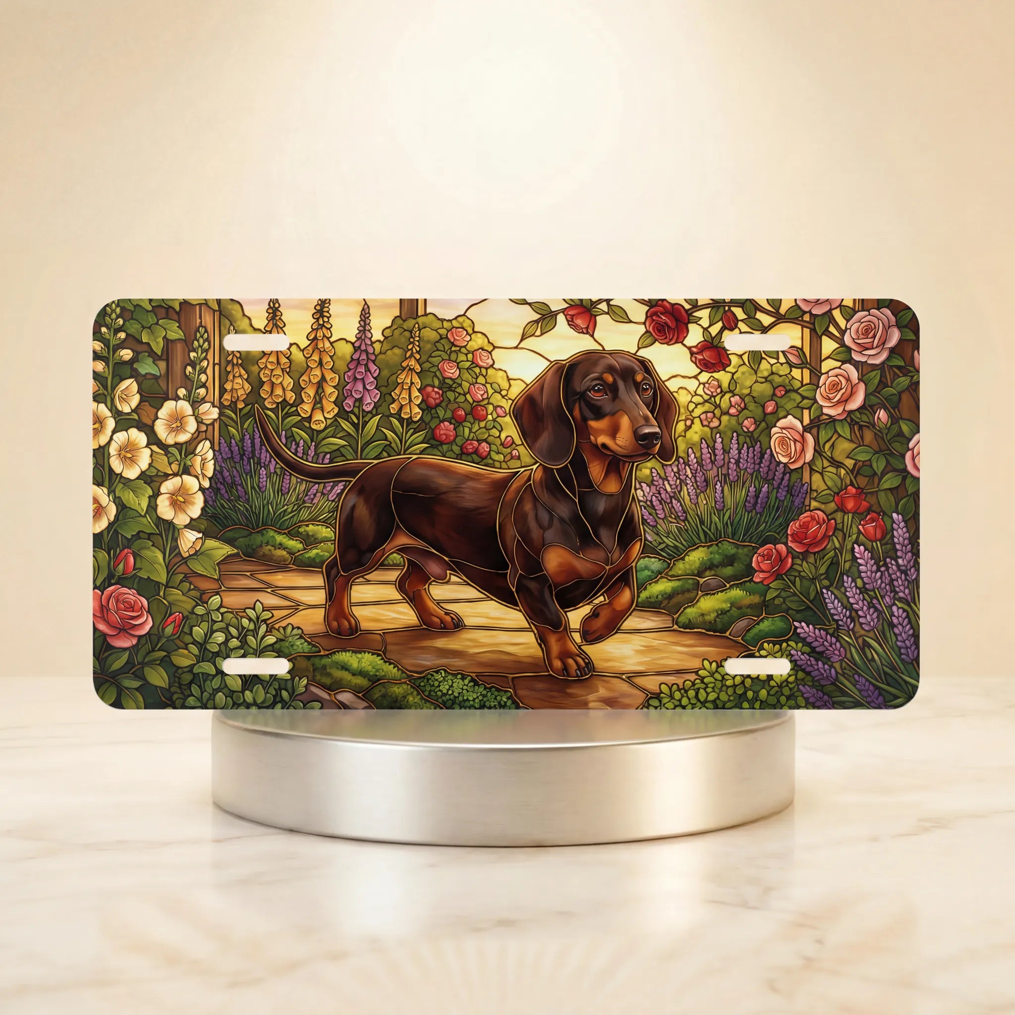 dachshund garden scene vanity plate — jewel tone dachshund rose foxglove garden license plate on holder
