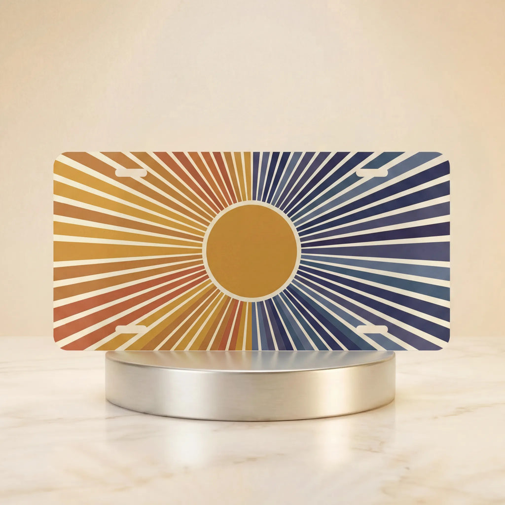 retro indigo sunburst vanity plate hero shot — warm amber peach twilight art