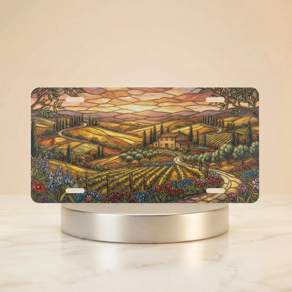 tuscan vineyard landscape vanity plate — warm amber cypress vineyard golden hour farmhouse license plate on holder