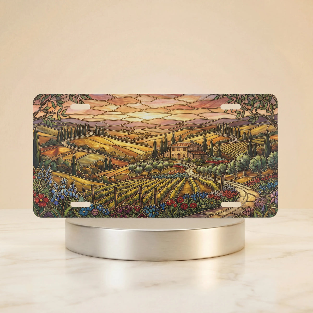 tuscan vineyard landscape vanity plate — warm amber cypress vineyard golden hour farmhouse license plate on holder