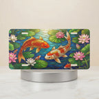 koi fish vanity plate hero shot — vivid orange koi aqua ripples water lily art
