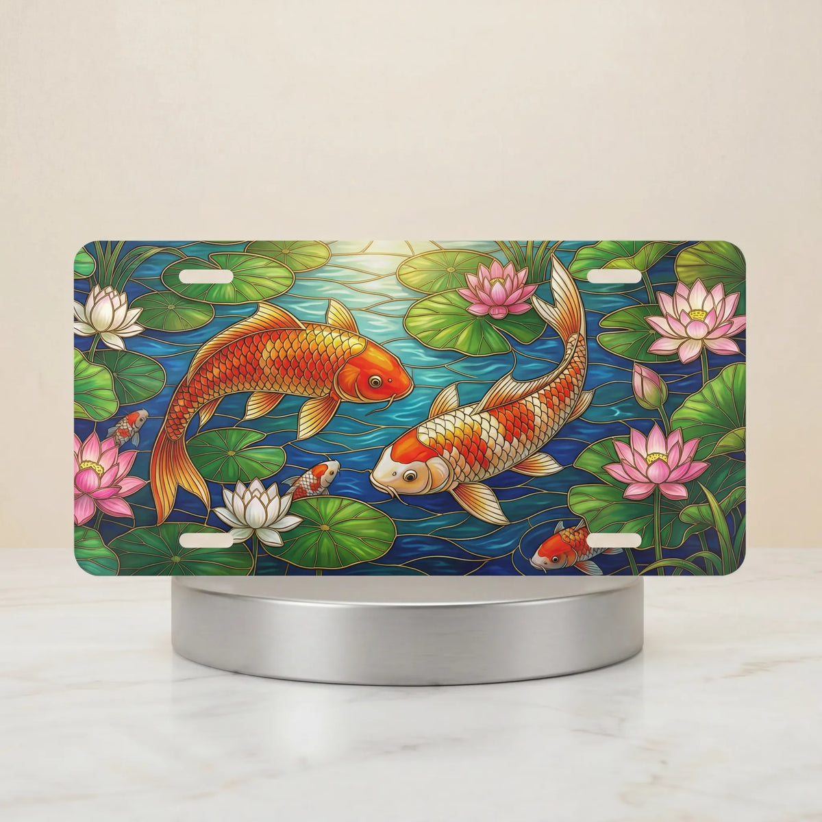 koi fish vanity plate hero shot — vivid orange koi aqua ripples water lily art