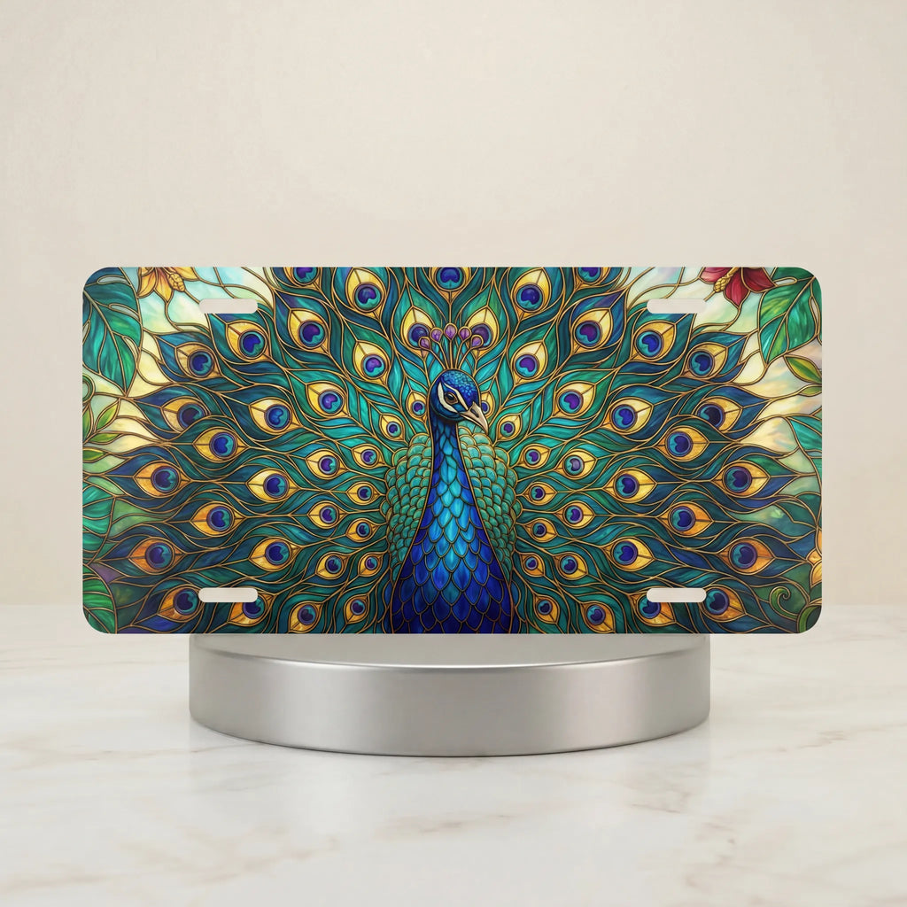 peacock feathers vanity plate hero shot — jewel-tone teal emerald gold iridescent feather art