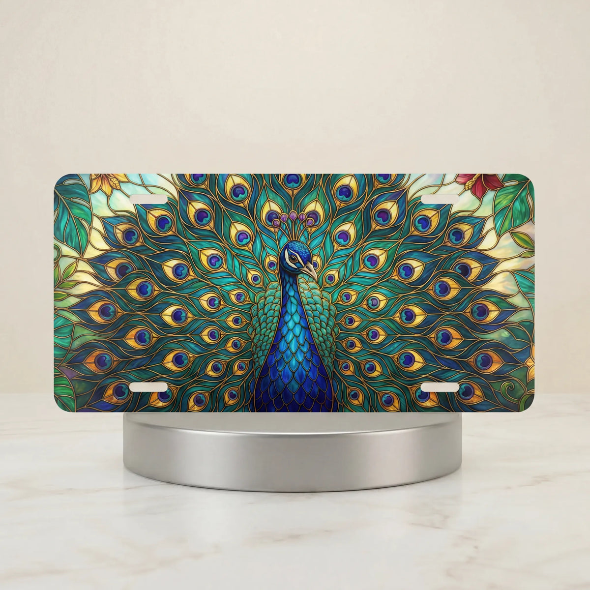peacock feathers vanity plate hero shot — jewel-tone teal emerald gold iridescent feather art