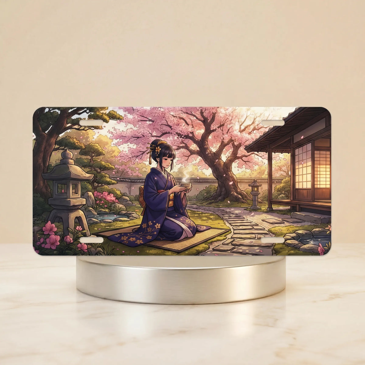 geisha tea ceremony sakura vanity plate — soft pink cherry blossom kimono lantern teahouse license plate on holder