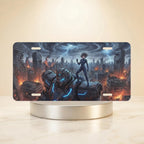 cyberpunk mech city vanity plate — electric blue armored mech burning city lone figure license plate on holder