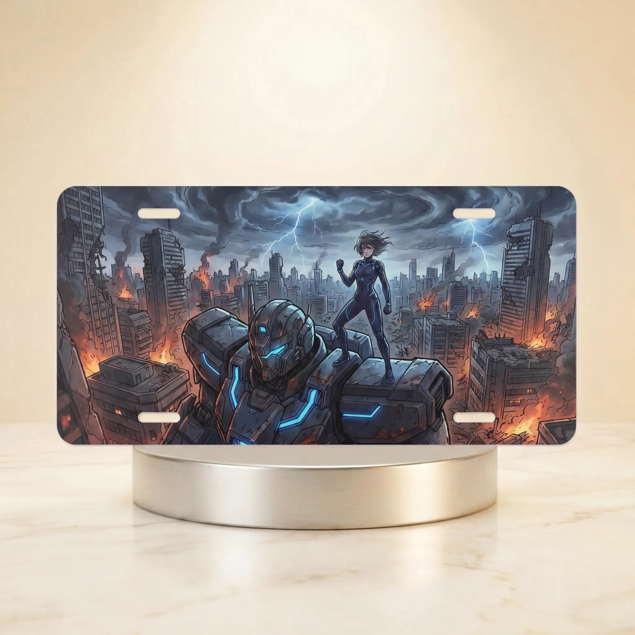 cyberpunk mech city vanity plate — electric blue armored mech burning city lone figure license plate on holder