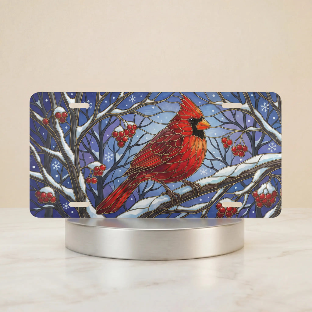 cardinal snowy branch vanity plate hero shot — bold red cardinal snow berries stained glass art