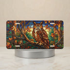stained glass owl vanity plate hero shot — deep amber forest green twilight blue owl art