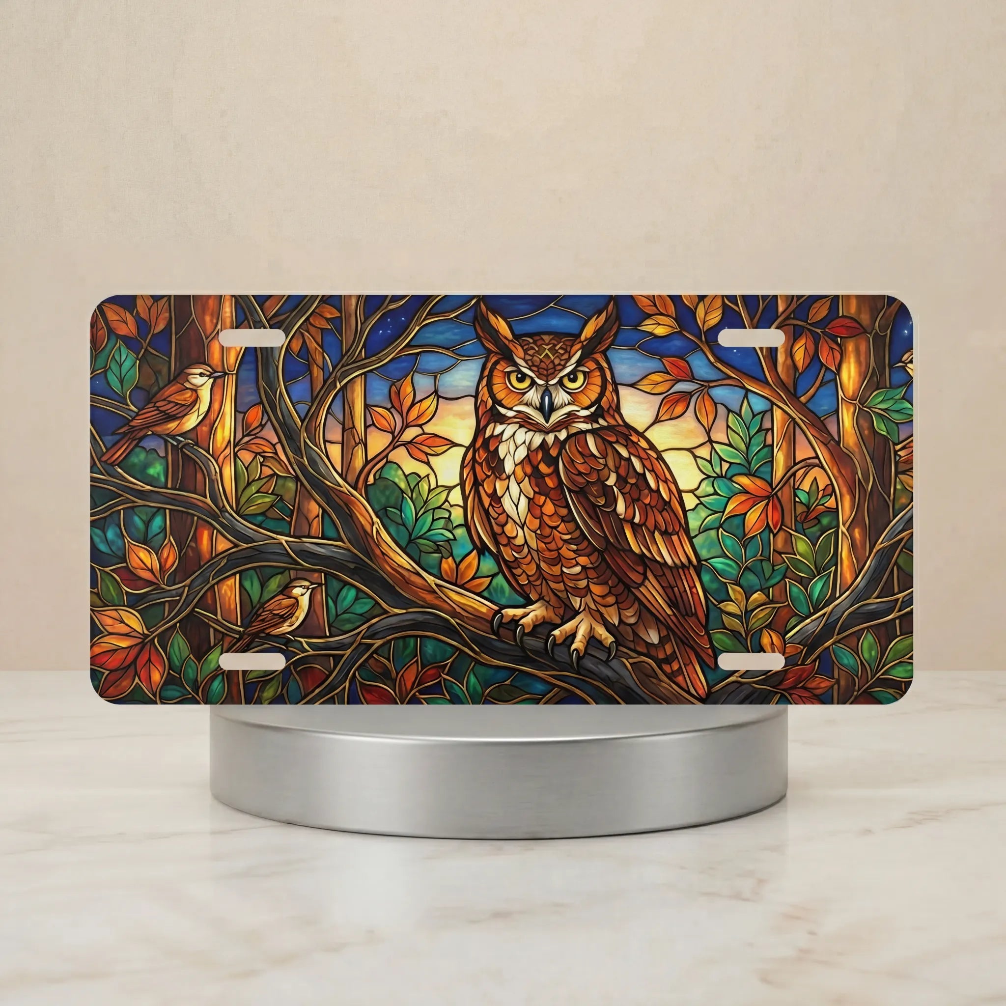 stained glass owl vanity plate hero shot — deep amber forest green twilight blue owl art