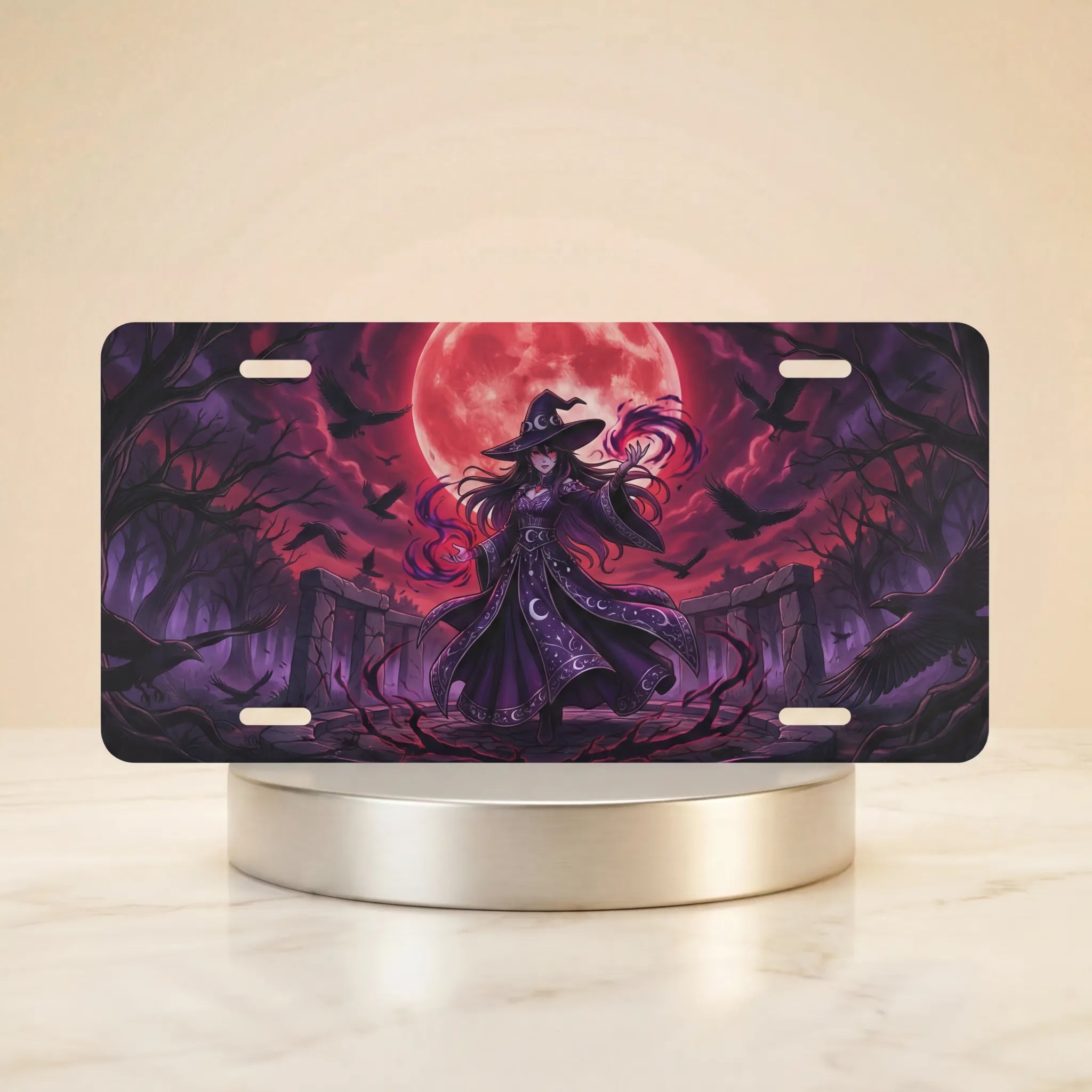 witch silhouette red moon vanity plate — jewel purple witch blood-red moon twisted trees bats license plate on holder