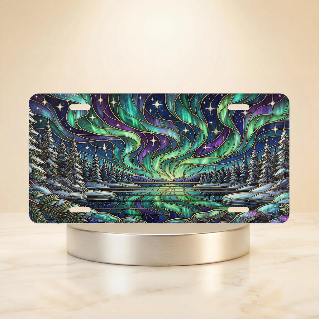 northern lights lake scene vanity plate — jewel teal purple aurora pine frozen lake license plate on holder