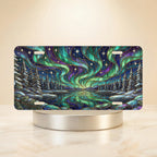 northern lights lake scene vanity plate — jewel teal purple aurora pine frozen lake license plate on holder