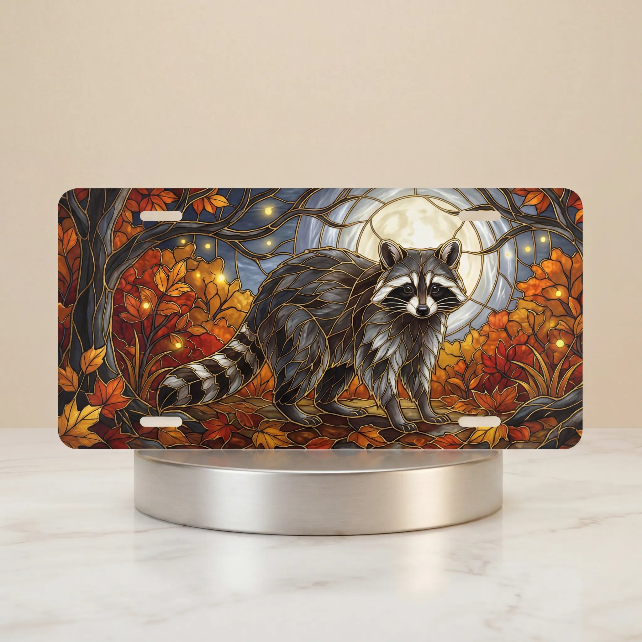 moonlit raccoon autumn forest vanity plate — warm amber rust raccoon autumn leaves license plate on holder
