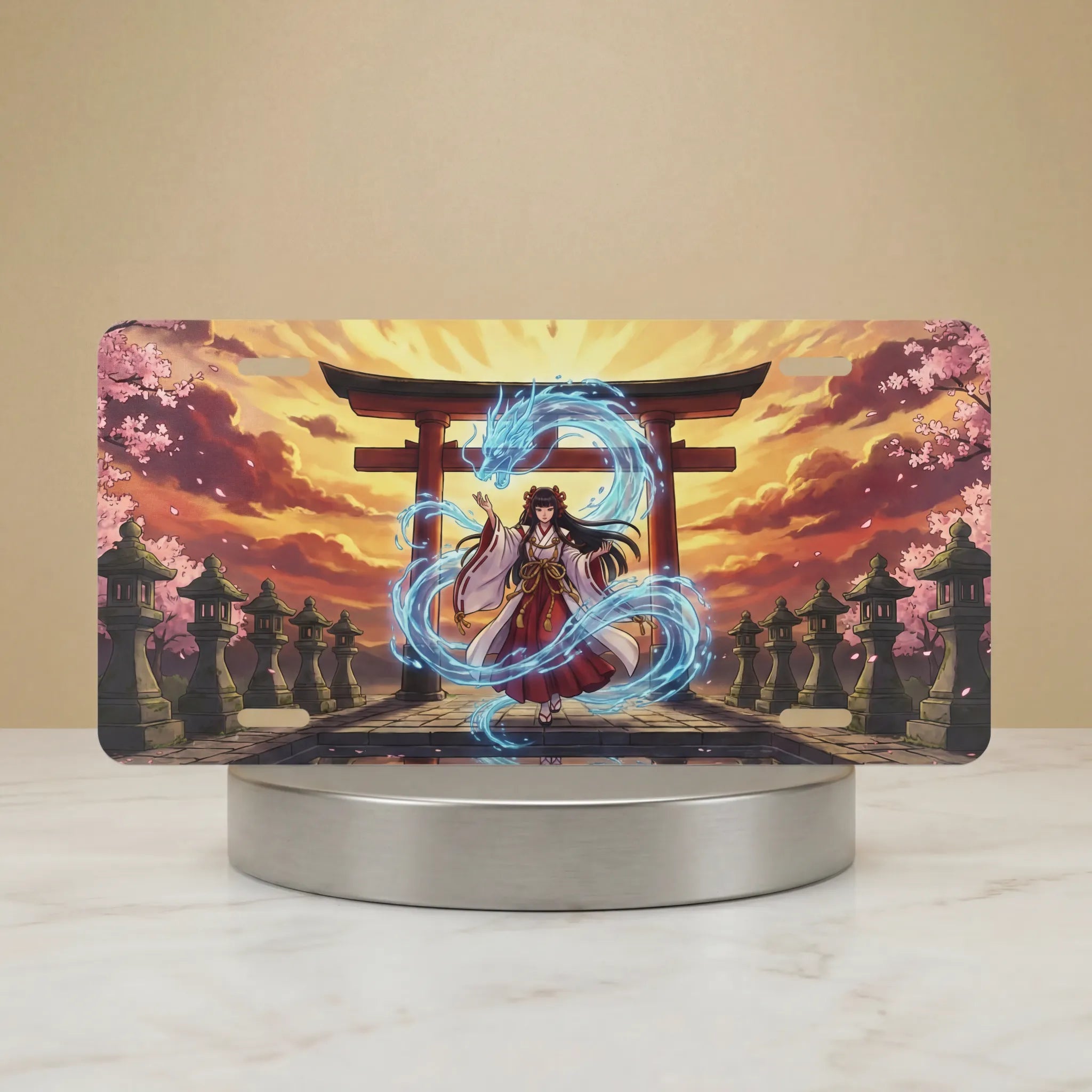 spirit shrine torii gate vanity plate — blazing sunset electric blue spirit energy torii gate figure license plate on holder