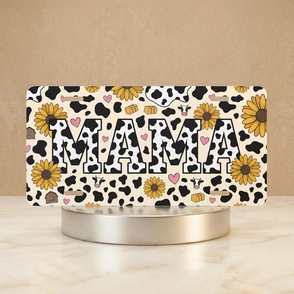 Mama Cow Print Sunflowers Vanity Plate
