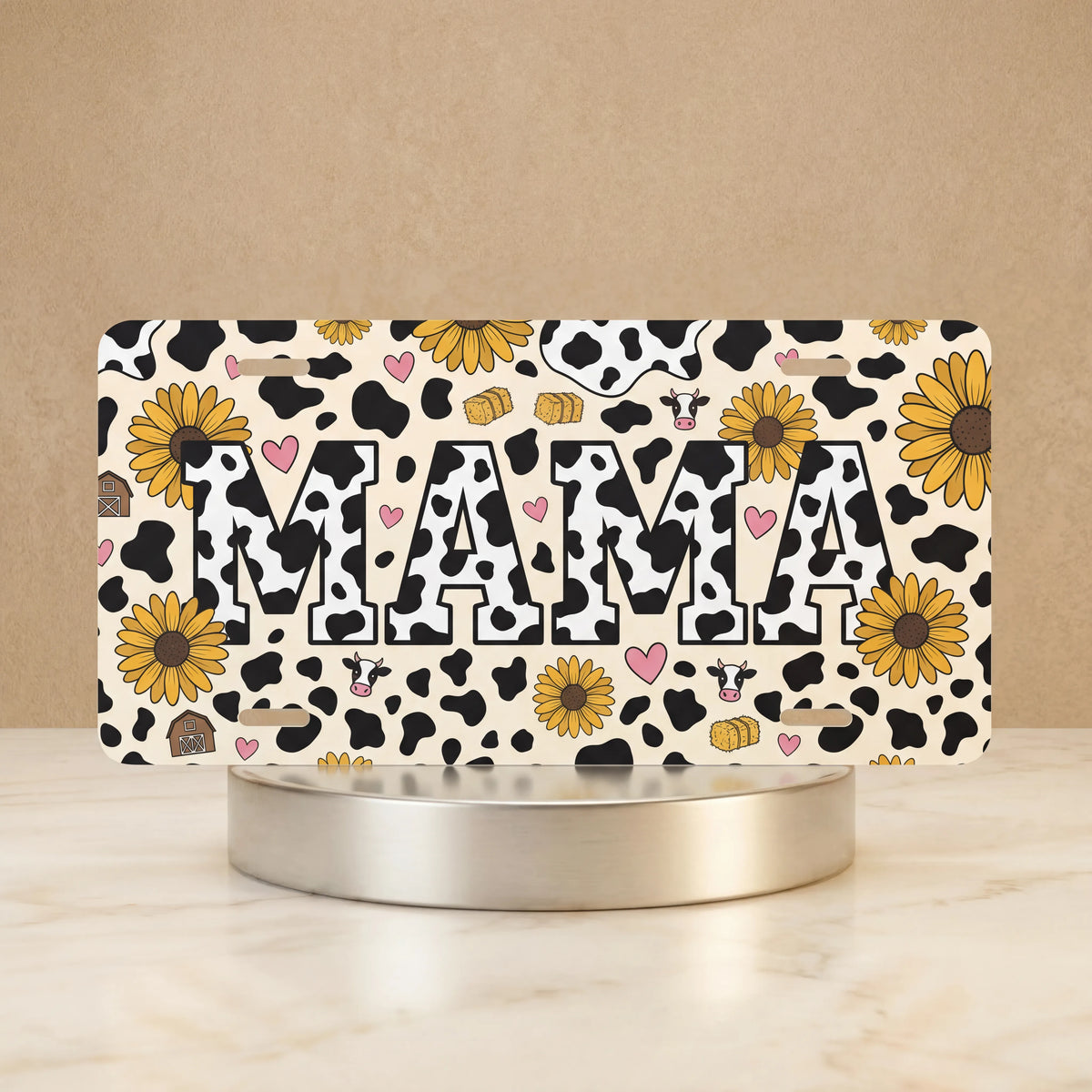 Mama Cow Print Sunflowers Vanity Plate