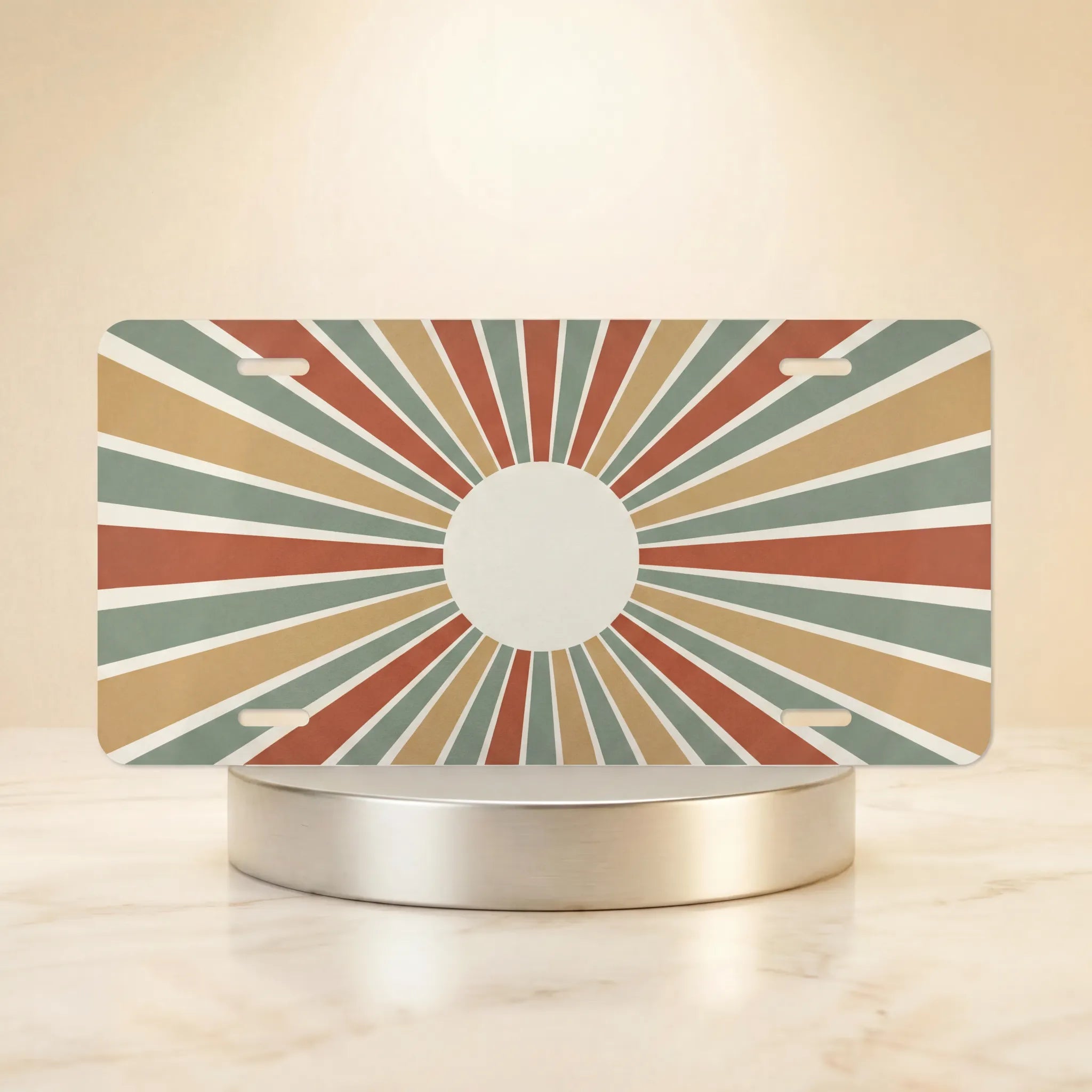 retro sunburst vintage rays vanity plate hero shot — mid-century earth tone circular art