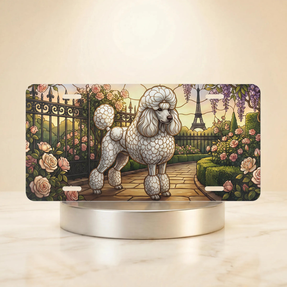 poodle in Paris Eiffel Tower vanity plate — Parisian garden rose wisteria poodle license plate on holder
