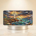 lighthouse stained glass seascape vanity plate — vivid coastal blue lighthouse crashing waves sunlit sky license plate on holder