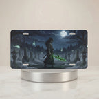 grim reaper cemetery moonlit vanity plate — deep blue cloaked reaper spectral green blade stone lanterns license plate on holder