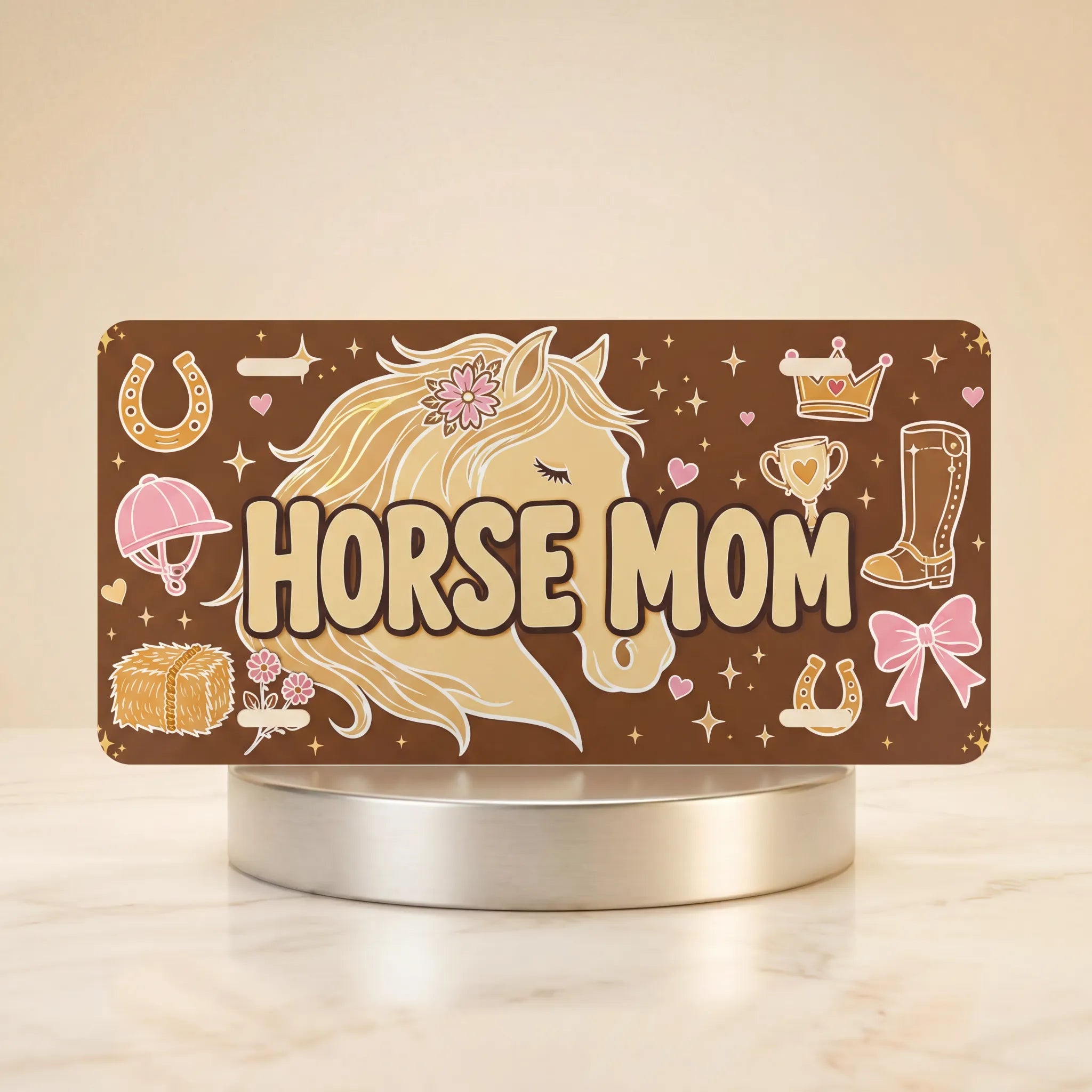 horse mom vanity plate — warm brown cream blush mare horseshoe HORSE MOM license plate on holder