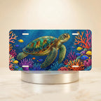 sea turtle ocean scene vanity plate — vivid ocean blue coral reef turtle license plate on holder