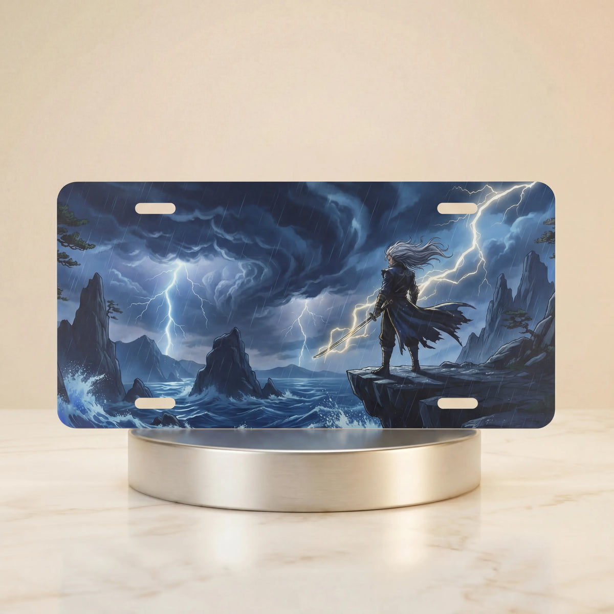 storm sorcerer lightning mage vanity plate — electric blue storm coastline lightning mage churning sea license plate on holder