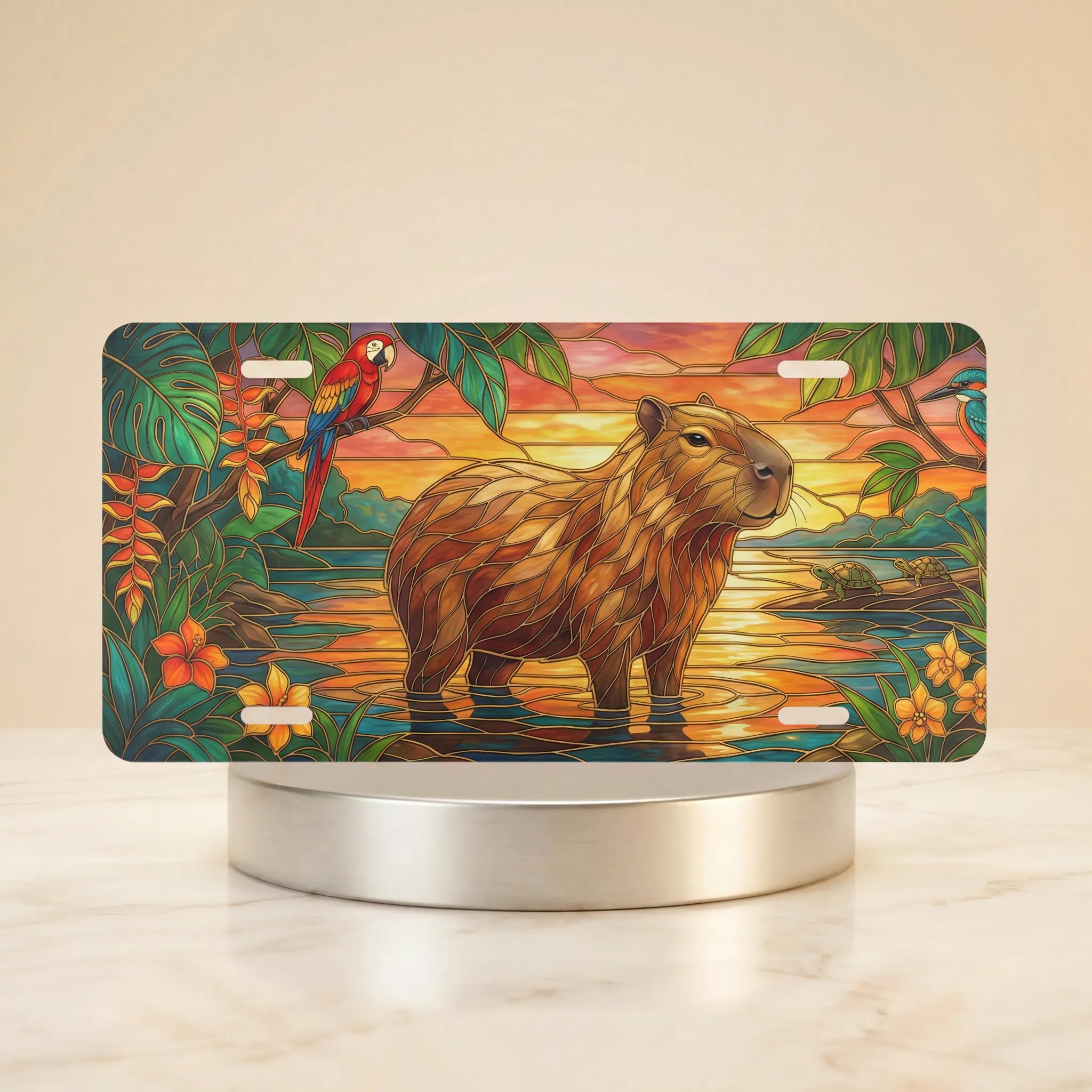geometric capybara sunset vanity plate — golden capybara wetland tropical parrot license plate on holder