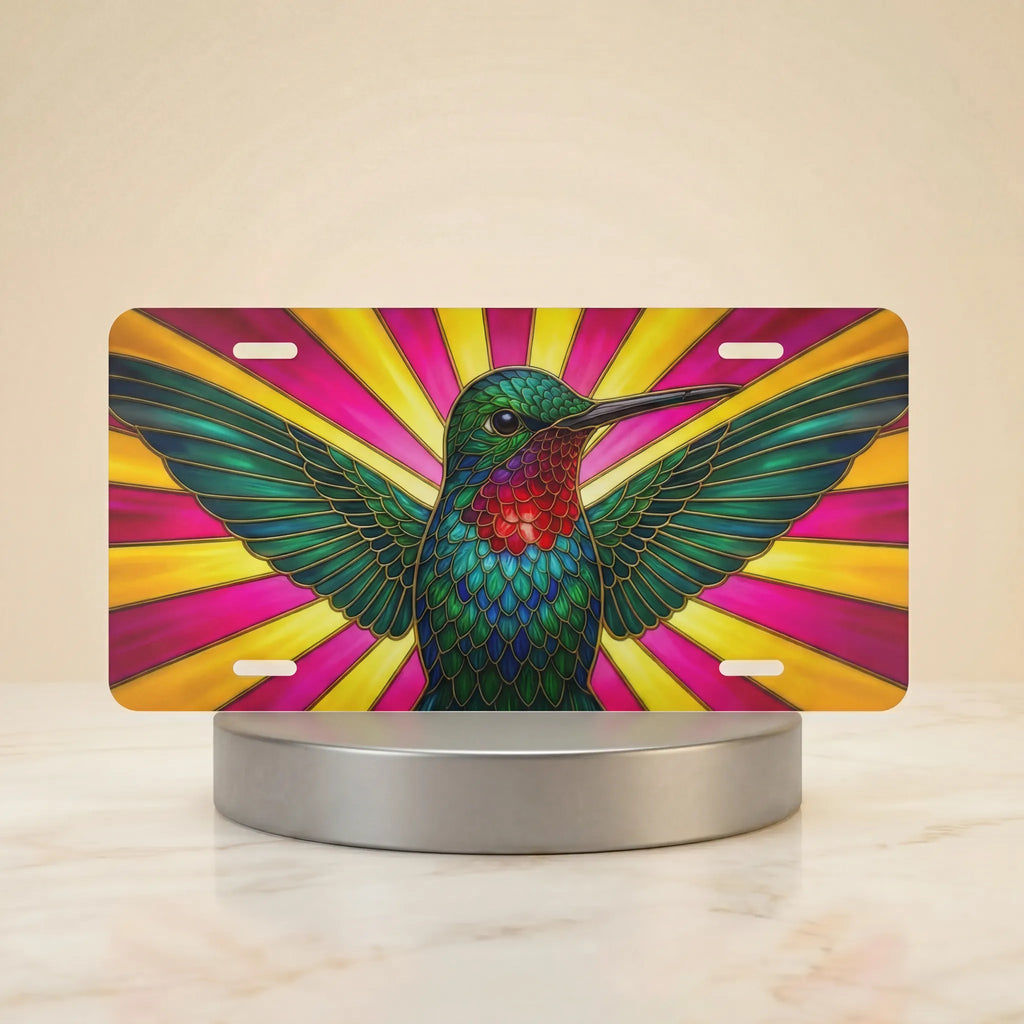 hummingbird vanity plate hero shot — iridescent emerald blue bird warm golden rays art