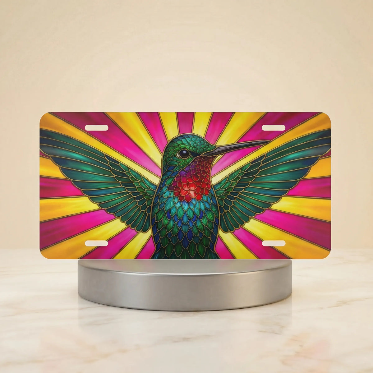 hummingbird vanity plate hero shot — iridescent emerald blue bird warm golden rays art